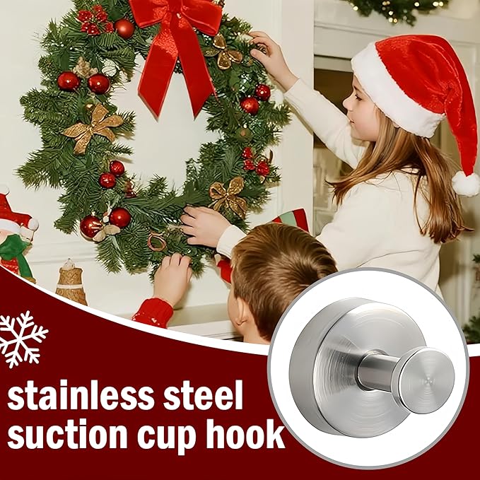 Suction Cup Hooks for Wreaths on Glass, 2026 Upgrade No Drill Towel Hooks Stainless Steel Waterproof Suction Cup Hooks, Wreath Hanger for Front Door for Kitchen, Bedroom (2, Silver)