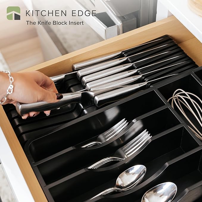 KitchenEdge Black Knife Drawer Organizer Insert - Knife Block Holder, Holds 5 Long + 6 Short Knives (Not Included), Fits Most Sizes, Non-Slip Feet, 100% Sustainable Bamboo, Food-Safe Black Finish