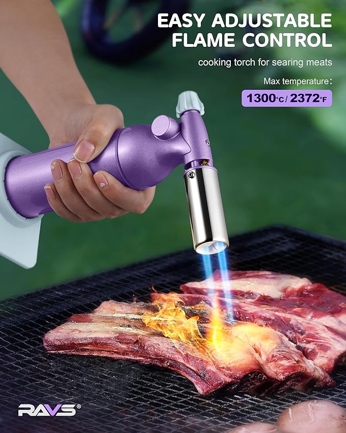 RAVS Dual Flame Butane Torch Lighter with 20G Large Capacity, Adjustable Flame, Refillable Kitchen Torch for Creme Brulee, BBQ, Baking, Purple Cooking Torch Gifts for Women Unique, Butane Not Included