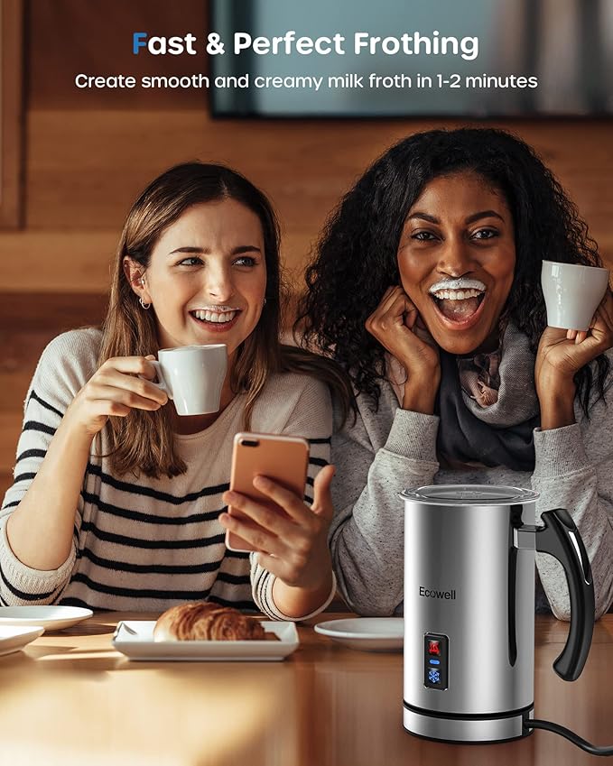 ECOWELL Milk Frother, Coffee Frother Electric, Automatic Hot and Cold Foam Frother, Stainless Steel Milk Steamer and Frother for Latte, Macchiato, Cappuccinos 8.1oz/240 ml Silver, WMMF02