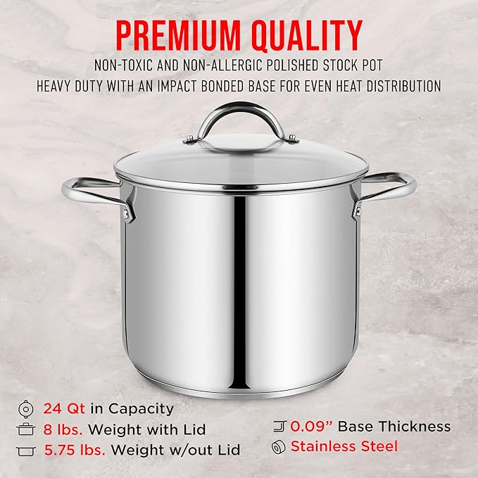 Stainless Steel Stockpot with Tempered Glass Lid 24 Quart, Durable 18/0 Stainless Steel, Impact-Bonded Base for Even Heating, Riveted Handles, Oven & All Stove Compatible, Safe Up To 500°F (260°C)