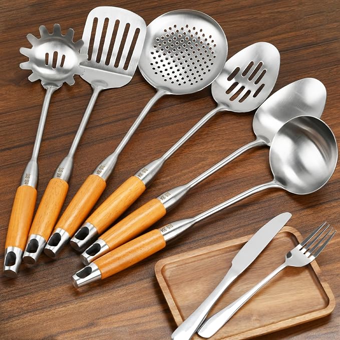18/8 Stainless Steel Kitchen Utensils Set with Wood Handle, 6 Pcs 15 inch Cooking Utensils Tools, Turner, Ladle, Spoons & Pasta Server