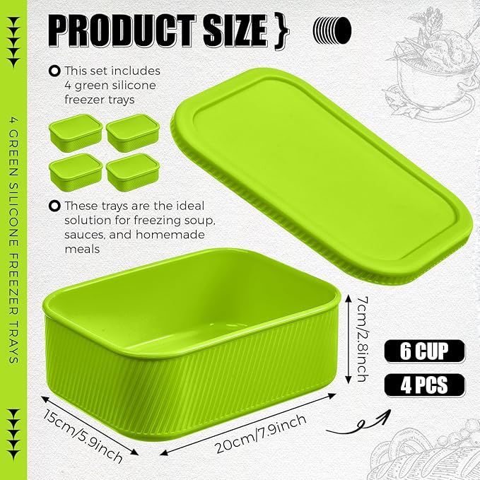 Nuogo 4 Pcs 6 Cup Silicone Freezer Trays with Lid Soup Containers Reusable Freezer Silicone Molds Rectangle Containers Ice Trays for Soups Sauces Stews Curries, Green