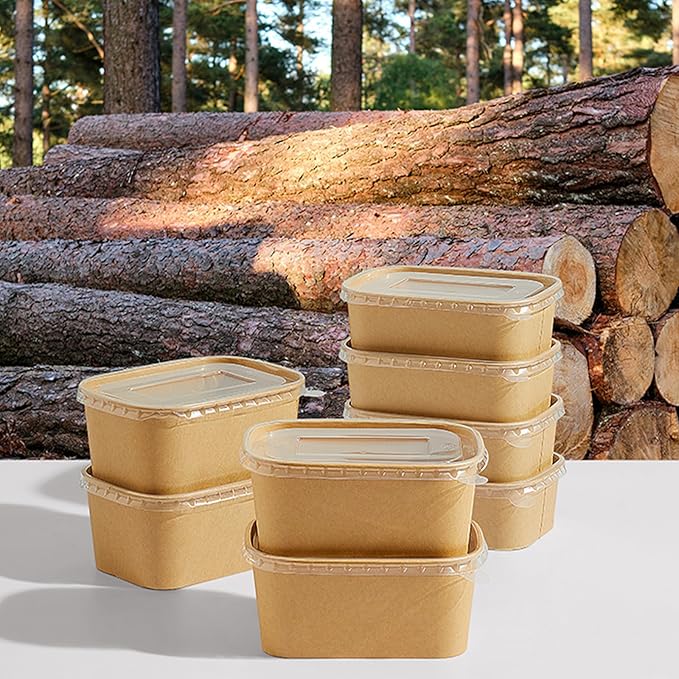 DI QIU REN 50-Pack 25oz Paper Bowls, Disposable Food Containers with Lids and Forks, Rectangular Disposable Salad Bowls for Diet Salad, Pasta (kraft Paper Rectangular, 25oz 50 Count)