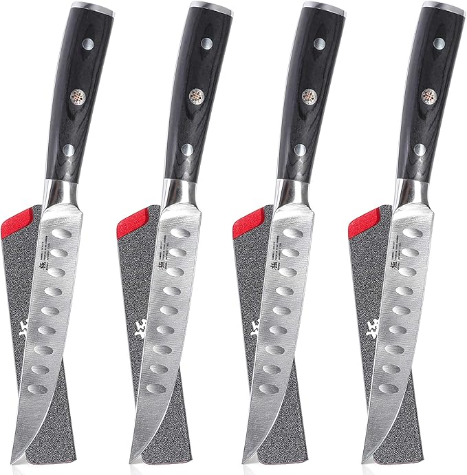 KYOKU Samurai Series - 5" Steak Knives Set of 4 with Sheath & Case - Full Tang - Japanese High Carbon Steel - Pakkawood Handle with Mosaic Pin (Japanese Steak Knife Set)