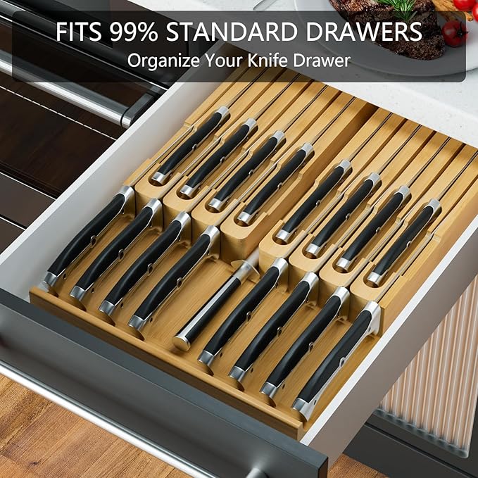 Domax Bamboo In-drawer Knife Block - Knife Drawer Organizer Insert Large Handle Steak Knife Holder, Kitchen Drawer Knife Organizer Fits for 16 knives and 1 Sharpening Steel (Not Included), Natural