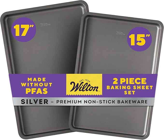 Wilton Silver 2- Piece Non-Stick Baking Sheet Set, Stainless Steel Bakeware for Baking and Roasting, Made without PFAS