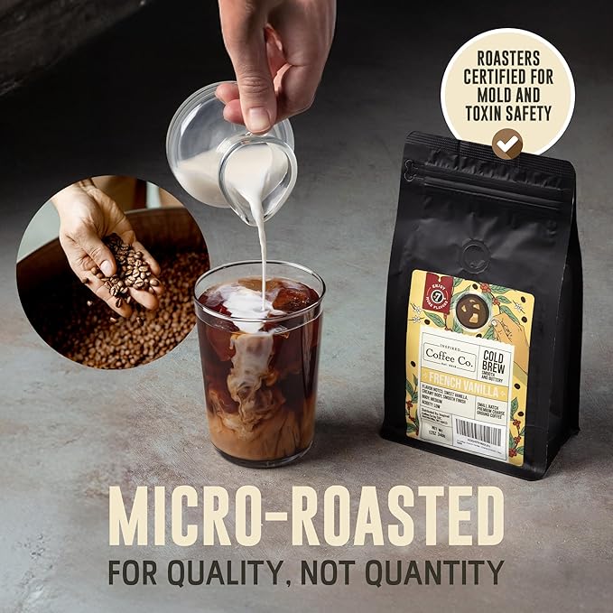 Inspired Coffee Co French Vanilla Flavored Cold Brew Coffee Coarse Ground Coffee Beans Medium Roast - Low Acid Coffee Smoother Taste - 100% Arabica - 12 oz. Resealable Bag