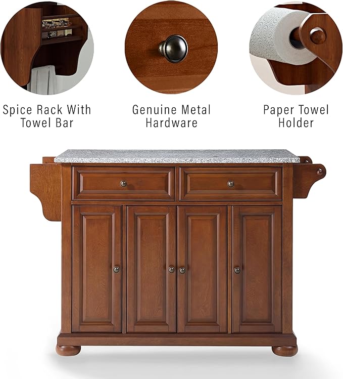 Crosley Furniture Alexandria Granite Top Rolling Kitchen Island Storage Cart, Microwave Stand, Spice Rack, Cherry