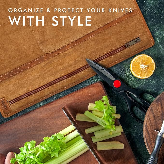 ELIZO Leather Knife Roll Bag Professional Chef Knife Case, Durable Knife Sheath Holder, Cooks & Culinary Tools Carrying Storage, Portable Knife Wrap - 4 Slots (Acron)