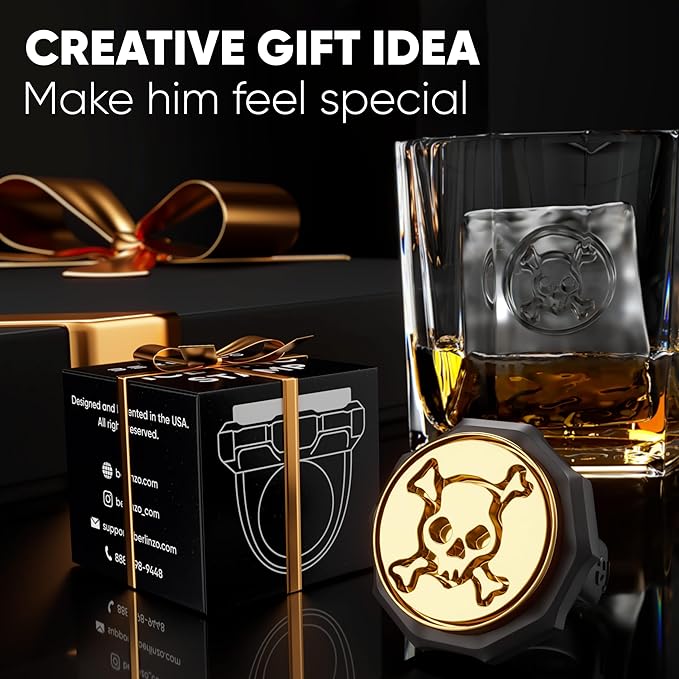 Berlinzo Ice Stamp Ring for Cube & Sphere - Custom Ice Cubes for Whiskey, Mojito Cocktails – Skull shaped Brass Ice Stamp Skull/ 3mm Depth - Black