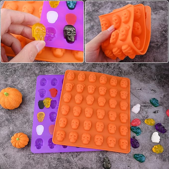 HUAKENER Gummy Skull Candy Molds, 2 Pack Chocolate Molds with 2 Dropper, Silicone Molds for Chocolate, Candy, Jelly, Dog Treats, Ice Cube, Resin Casting