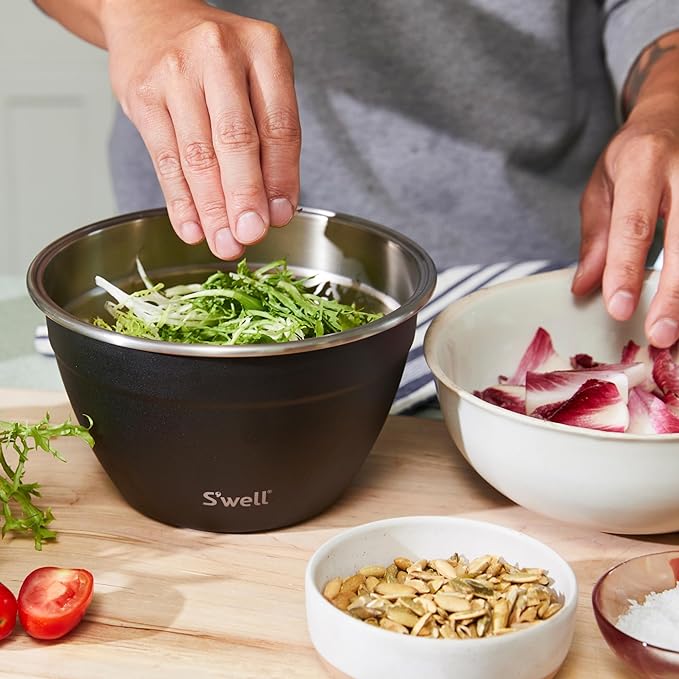S’well Stainless Steel 64oz Salad Bowl Kit in Onyx, Comes with 2oz Condiment Container and Removable Tray for Organized Serving, Leak-Proof and Dishwasher Safe