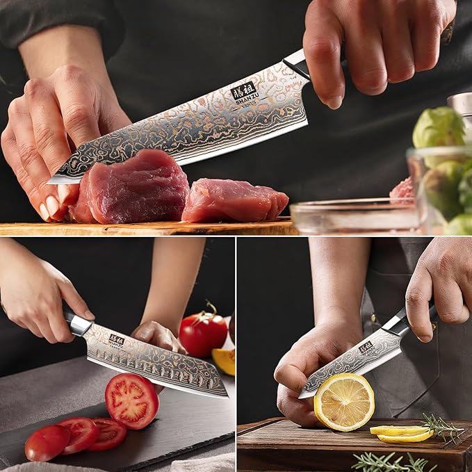 SHAN ZU Damascus Knife Set, Copper & Damascus Steel Japanese Kitchen Knives, High Carbon 33 Layer Hand Forged Utility Knife Professional Sharp Kitchen Knife with Maple Wood Handle