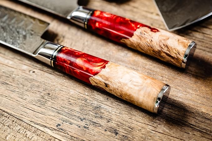 Epicurean Cook Tidal Collection 8 PCS Damascus Knife Set: Japanese Kitchen Knives in an Elegant Box with Red Resin and Burl Wood handles with VG10 Steel Core Ultra-Sharp Professional Chef Knife Set!