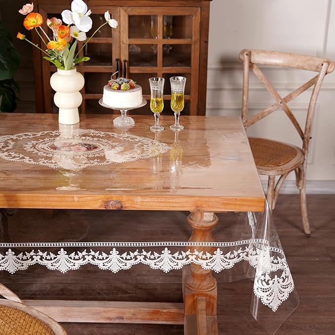 Waterproof Clear Table Cover Protector, Vinyl Rectangle Table Cloth with Lace Pattern Oil Spill Proof Wipe Clean Plastic Tablecloths for Dining Tables (French Lace, 55 x 84 Inches)