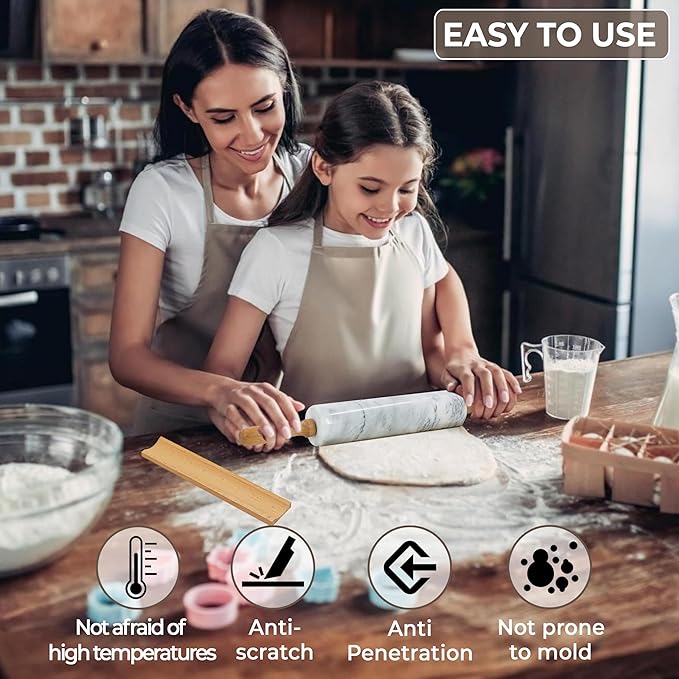 Nonstick Marble Rolling Pin with Wooden Handles and Wooden Resting Base-Ideal for Dough-Pastry Bread Tortillas and Pizza-Essential Baking and Kitchen Tool