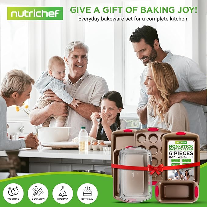 NutriChef 6-Piece Bakeware Set - Carbon Steel Stackable Bakeware with Red Silicone Handles & Nonstick Coating, Includes Cookie Sheets, Roaster Pan with Lid, Loaf, and 12 Cup Muffin Pan (Gold)