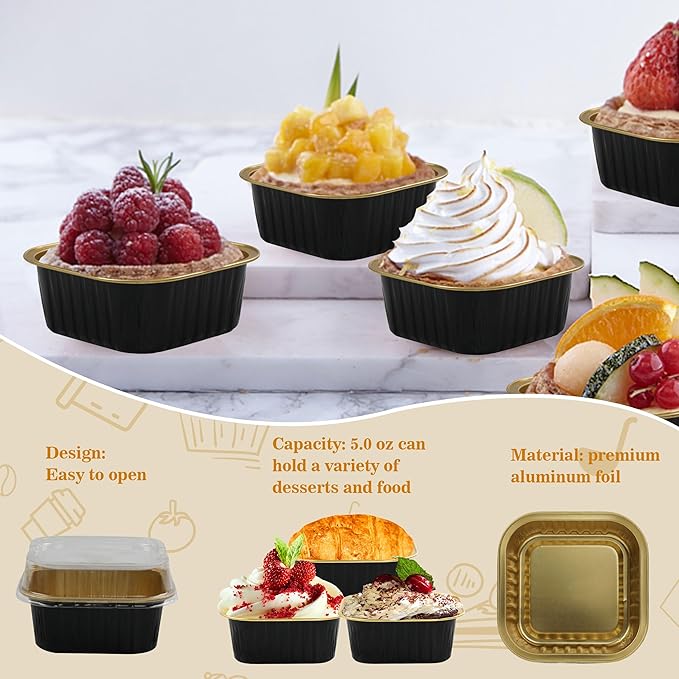 Mini Cake Pans With Lids, BAKINGPAK 30PCS 5OZ Square Mini Aluminum Pans Disposable Aluminum Foil Cupcake Cups Individual Cake Pans with Lids for Children Party Wedding Party,Black Gold
