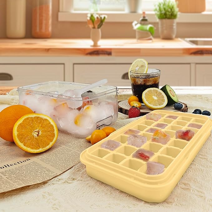 Satax Silicone & Plastic Ice Cube Trays with Lids and Bin - Durable, BPA-Free, Easy Release, Perfect for Cocktails, Coffee & More (2, yellow)