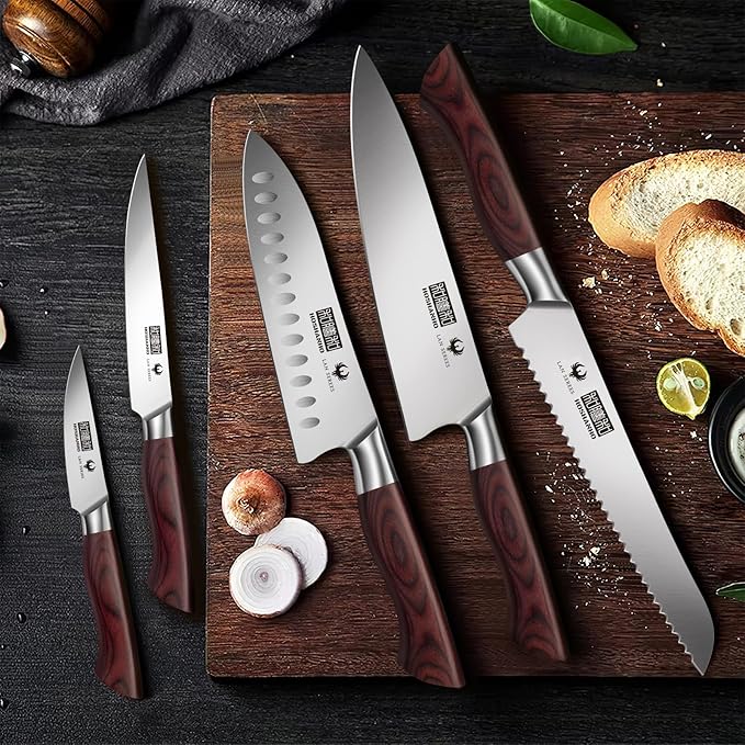 HOSHANHO 5-Piece Japanese Style Kitchen Knife Set,Professional Ultra Sharp High-Carbon Stainless Steel Chefs Knives with Ergonomic Wood Handle,Elegant Box Packaging