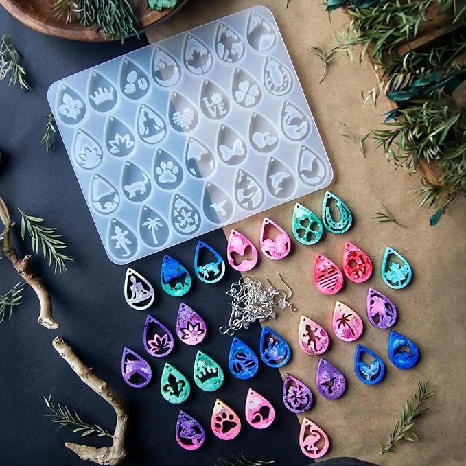 Keychain Resin Molds Silicone with Hole, 28pcs UV Resin Jewelry Mold, Epoxy Resin Molds for Keychain Pendant Jewelry Making Molds for Epoxy Resin Earring Mold, Earrings, Necklace