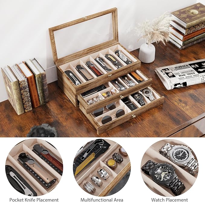 Knife Display Case, 3-Layer Pocket Knife Case Display & Storage Knives, Solid Wood Knife Case for Collections, Gift for Boyfriend Fathers Day Birthday Gifts(Brown)