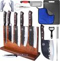 XYJ Authentic Since 1986,Kitchen Knife Block Set,High Carbon Steel Blades,Full Tang Knives Set with Block,Cutting Board,Sharpening Stick,Scissors,Gloves,Slicing Butcher Chef Knives,Wood Handle