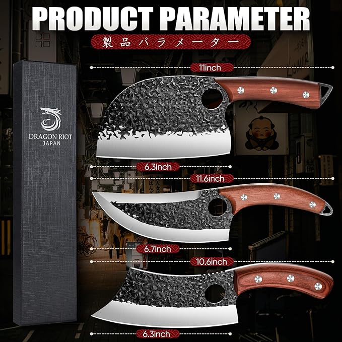 DRAGON RIOT Professional Butcher Knife Set for Meat Processing, 3Pcs High Carbon Steel Hand Forged Serbian Cleaver Chef Knife Set with Ergonomic Handles for Kitchen Outdoor Cooking