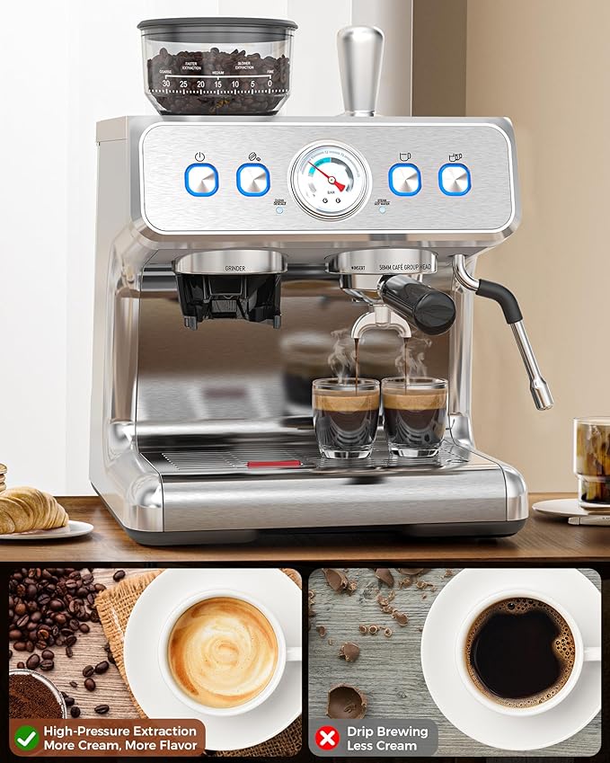 COWSAR 20 Bar Espresso Machine with Grinder & Milk Frother Steam Wand, 58mm Expresso Coffee machines, Commercial Stainless Steel Coffee Maker for Cappuccino and Latte, Perfect for Home and Café Use