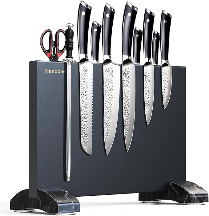 Magnetic Knife Block Without Knives, Black Stainless Steel Magnetic Knife Holder Stand with Strong Knife Magnet Double Side Knife Magnetic Strip Knife Storage Organizer for Kitchen Counter Top