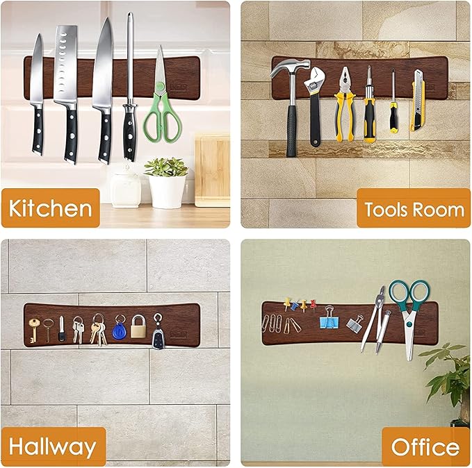 HOSHANHO Knife Magnetic Strip, Acacia Wood Powerful Magnetic Knife Strips, Magnetic Knife Holder for Wall 10 Inch Use as Magnetic Tool Organizer, Home Organizer