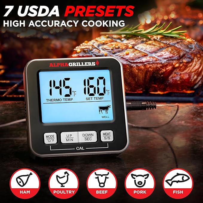 Alpha Grillers Turkey Thermometer - Digital Meat Thermometer with Electric Oven Safe Wired Leave-in Probe for Cooking & Roasting - Large Display with 7 Preset Temp Alerts, Timer & Alarm