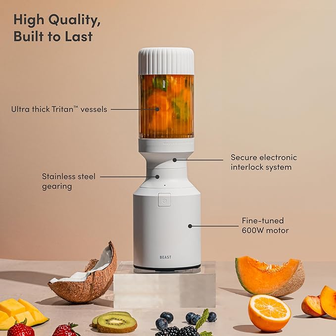 The Beast Mini Blender | Mini Countertop Kitchen Blender | Blend Smoothies and Shakes, Dressings, Sauces, Dips | Straw Cap and Straws Included | 600W (Cloud White)