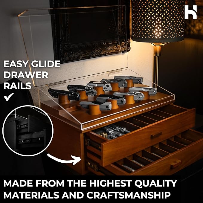 Premium Pocket Knife Display Case for 50 Knives - Extra Large Wooden Knife Organizer, Storage & Holder with Unique Pillars, 2 Drawers - Knife Collection Box - Handcrafted for Men