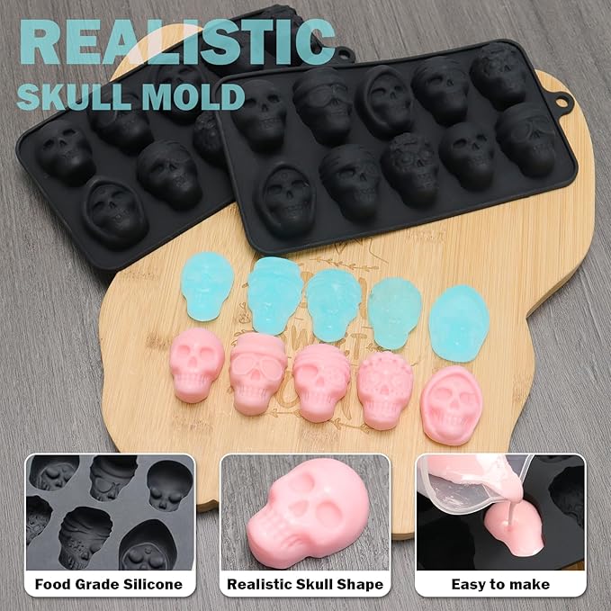 FreeNFond 10 Cavity Skull Silicone Chocolate Molds Sugar Skull Mold for Halloween Baking, Resin and Candy, Pack of 2 (Black, 2P-SmallSkull)
