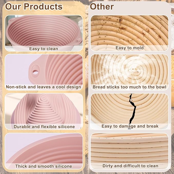 Upgraded Silicone Sourdough Bread Proofing Basket with Handles - Reinforced Rim Support, 9 Inch Non-Stick Round Dough Foldable Bowls for Sourdough Bread Baking, Oven & Dishwasher Safe-BPA Free (Pink)