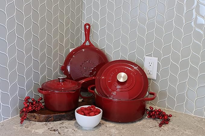 Larder & Vine 5-Piece Enameled Cast Iron Cookware Set - Includes 5.7 Quart Dutch Oven with Lid, 10.25 Inch Skillet, 2.2 Quart Saucepan with Lid (Cabernet)
