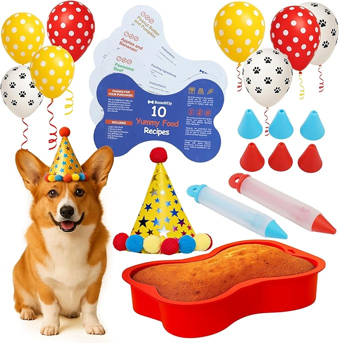 BoneItUp Dog Birthday Cake Kit - Bake Birthday Cakes for Dogs - Dog Party Supplies Set with - Large Cake Mold, 3 Vet-Backed Cake Recipes, 2 Drawing Pens, 10 Balloons, Birthday Hat & Bow