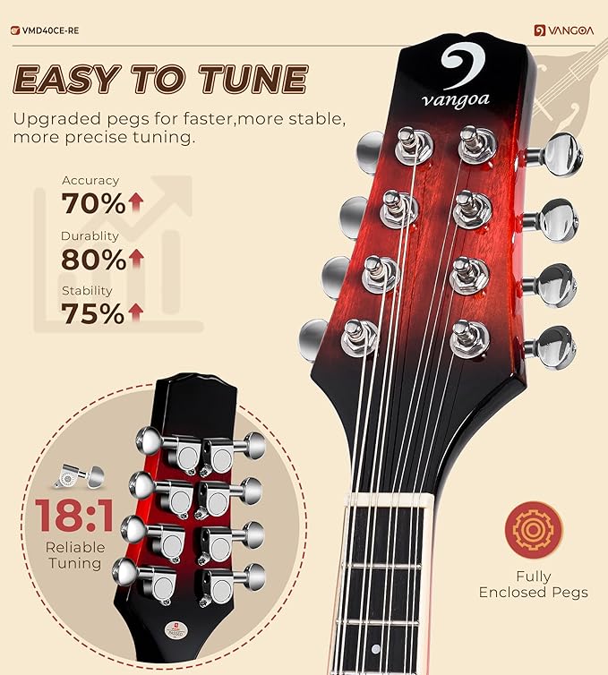Vangoa Mandolin Musical Instrument A Style Acoustic Electric, 8 Strings Mahogany for Beginner Adults Teens, Red Burst