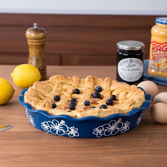 Pie Pan Ceramic Pie Plate, 9 inch Deep Dish Pie Pans, Nonstick Pie Pans for Baking, Blue and White Floral Pie Dish For Kitchen