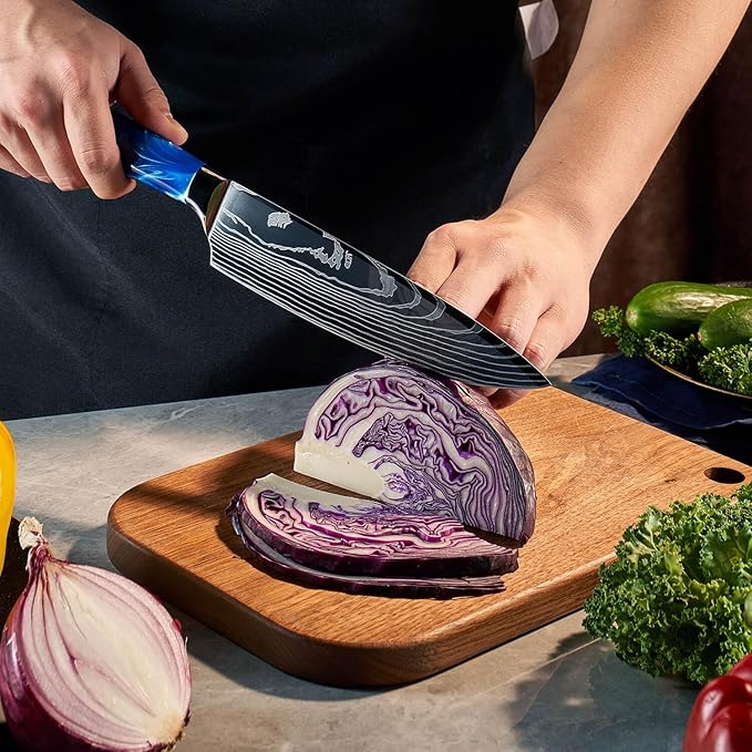 SENKEN 16-Piece Kitchen Knife Block Set - Japanese Chef's Knife Set with Laser Damascus Pattern, Includes 6 Steak Knives and Smoothly-Finished Acacia Hardwood Knife Block (Blue Resin Handles)