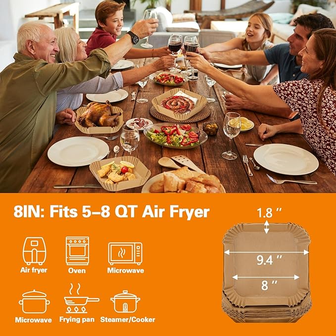 200Pcs Air Fryer Paper Liners, 8 Inch Square Disposable Paper Liner, Non-stick Parchment Paper for Frying Baking Roasting Microwave Oven