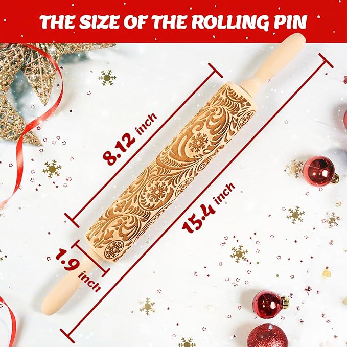 Christmas Gifts Wooden Embossed Rolling Pin for Baking, Stocking Stuffers Gifts for Women, Deep Engraved Embossing Rolling Pins with Snow Pattern Designs for Baking Cookies Stamps Roller DIY Tools