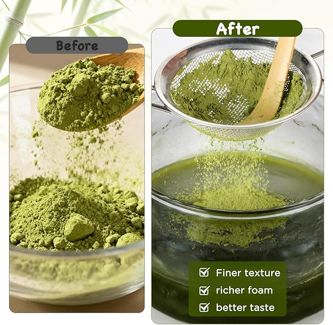 OUTXE Matcha Whisk Set, 7 PCS Matcha Kit for Ceremony, with Clear Matcha Bowl, Spout, Bamboo Whisk& Holder, Stainless Steel Sifter, Japanese Ceremonial Gift for Family/Friend/Macha Lover Starter