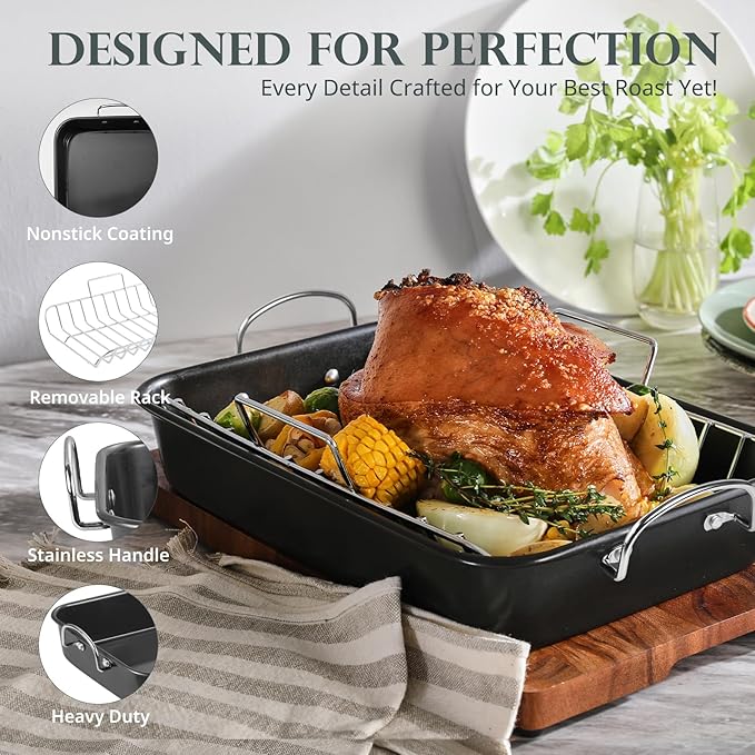 KITESSENSU Nonstick Roasting Pan with Rack 15 x 11 inch - Turkey Roaster Pan for Ovens - Wider Handles & Heavy Duty Construction, Gray