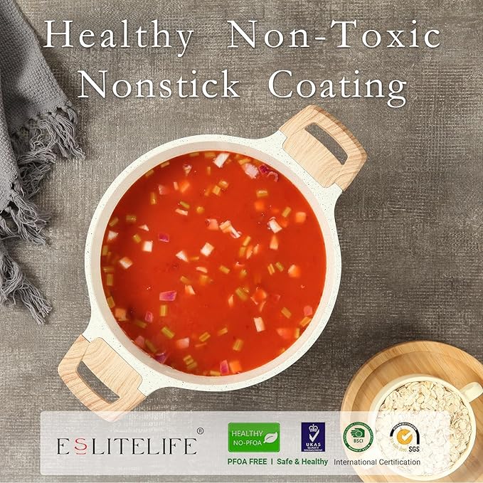 ESLITE LIFE Nonstick Stock Pot with Lid, 5 Quart Granite Casserole Large Soup Pot Pasta Cooking Pot, Induction Compatible, PTFE & PFOA Free, White