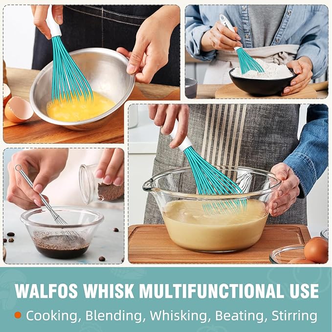 Walfos Whisk,Silicone Whis, Non Scratch Coated Wisking tool silicone set of 5,BPA Free and Heat Resistant 480°F.Premium for Whisking, Blending, Frothing, Beating.(Blue)