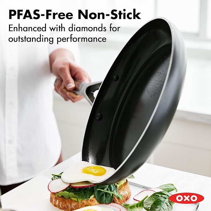 OXO Agility Series 12 Piece Cookware Pots and Pans Set, Ceramic Nonstick PFAS-Free, Induction, Skillets,Saucepans,Lids,Even Heating,Stainless Steel Handles,Chip-Free Rims,Dishwasher & Oven Safe,Black