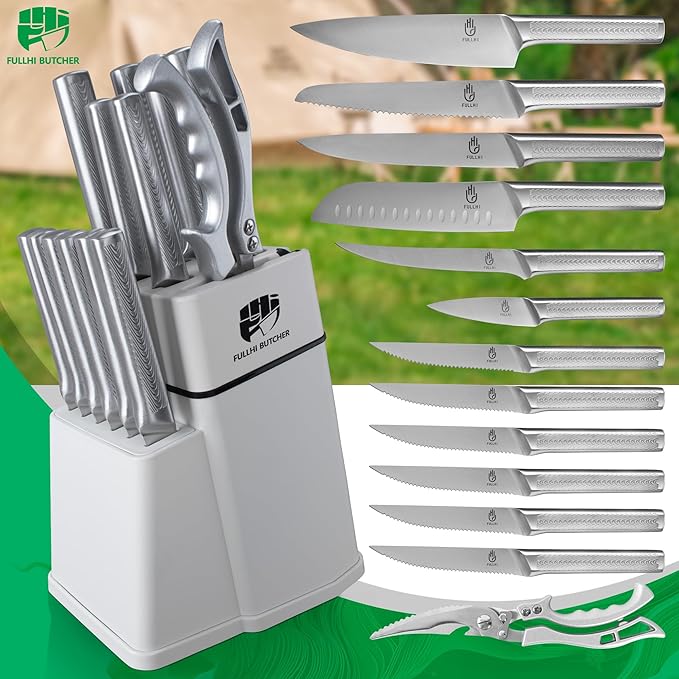 FULLHI 14pcs Knife Block Set, Dishwasher Safe Kitchen Knife Set with Built-in Sharpener, Stainless Steel Chef Knives Set with Knife Holder Kitchen Scissors